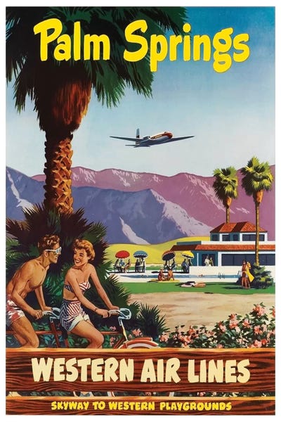 Vintage Travel Posters: Palm Springs - Western Airlines, Skyway To Western Playgrounds by Unknown Artist