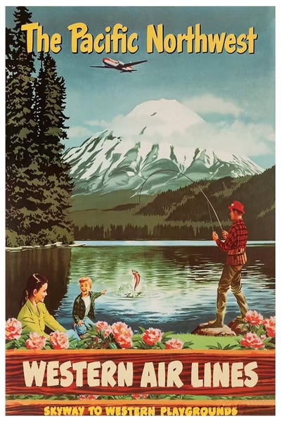 Vintage Travel Posters: The Pacific Northwest - Western Airlines, Skyway To Western Playgrounds by Unknown Artist