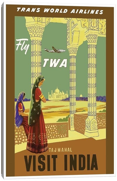 Visit India - Fly TWA Canvas Art Print - Travel Posters