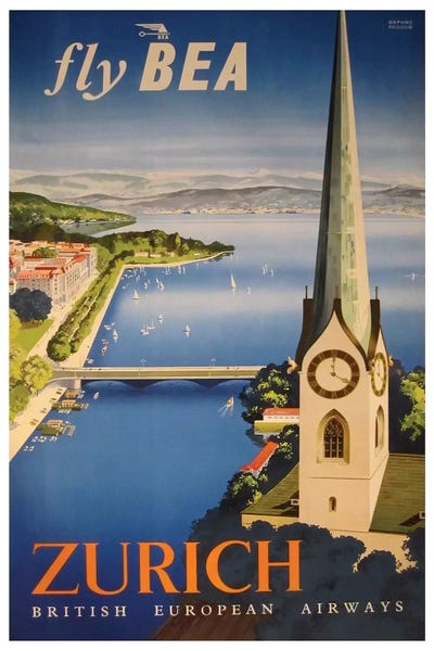 Vintage Travel Posters: Zurich - Fly BEA, British European Airways by Unknown Artist