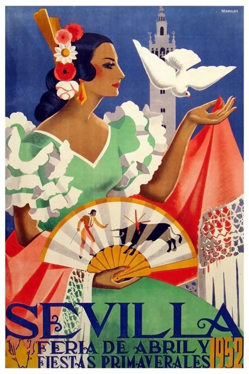 1955 Feria de Sevilla Spain Vintage Travel Decor Advertisement Art Poster Print 