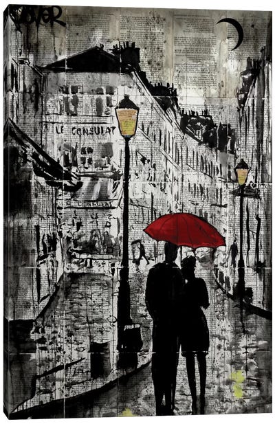 Rainy Promenade Canvas Art Print - Black, White & Red Art