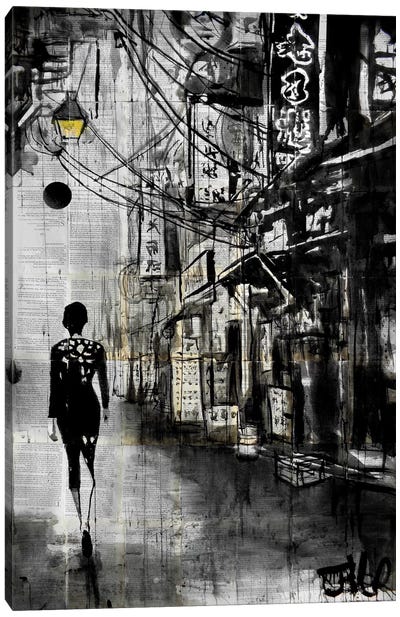 Chinatown Walk Canvas Art Print - Black & White Scenic