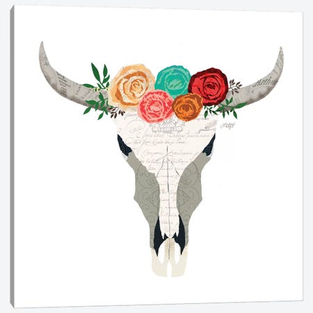 Colorful Floral Cow Skull Collage Canvas Print #LKC12} by LindseyKayCo Canvas Art Print