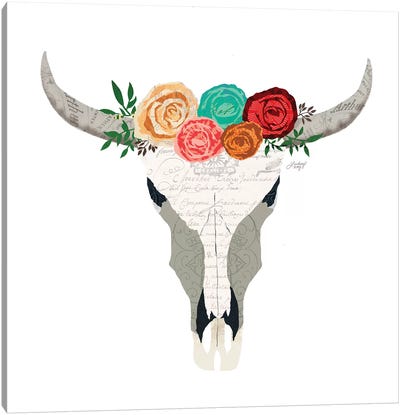 Colorful Floral Cow Skull Collage Canvas Art Print - Similar to Georgia O'Keeffe