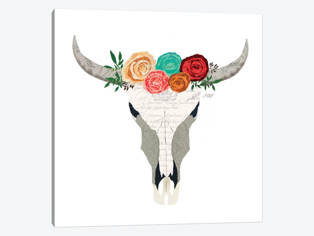 Colorful Floral Cow Skull Collage by LindseyKayCo 1-piece Canvas Artwork