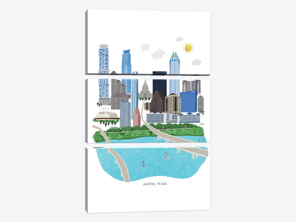 Austin Cityscape Illustration by LindseyKayCo 3-piece Canvas Print