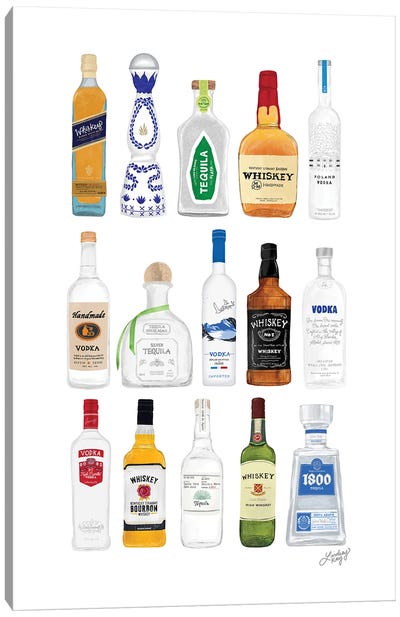 Whiskey, Tequila, Vodka Bottles Illustration Canvas Art Print - LindseyKayCo