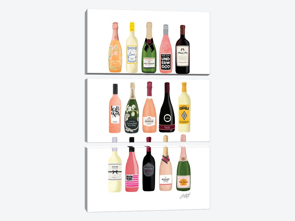 Wine And Champagne Bottles Illustration by LindseyKayCo 3-piece Canvas Wall Art