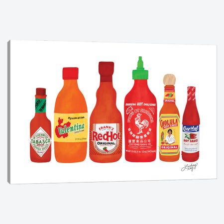 Hot Sauce Bottles Illustration Canvas Print #LKC167} by LindseyKayCo Art Print