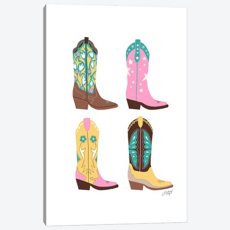 Four Cowboy Boots Illustration (Pink, Turquoise, Yellow Palette) Canvas Print #LKC173} by LindseyKayCo Canvas Art Print