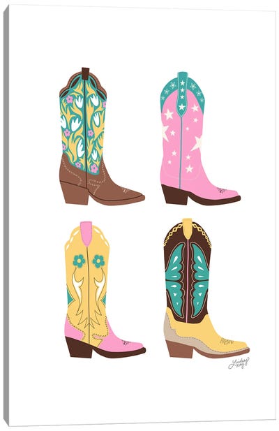 Four Cowboy Boots Illustration (Pink, Turquoise, Yellow Palette) Canvas Art Print - LindseyKayCo