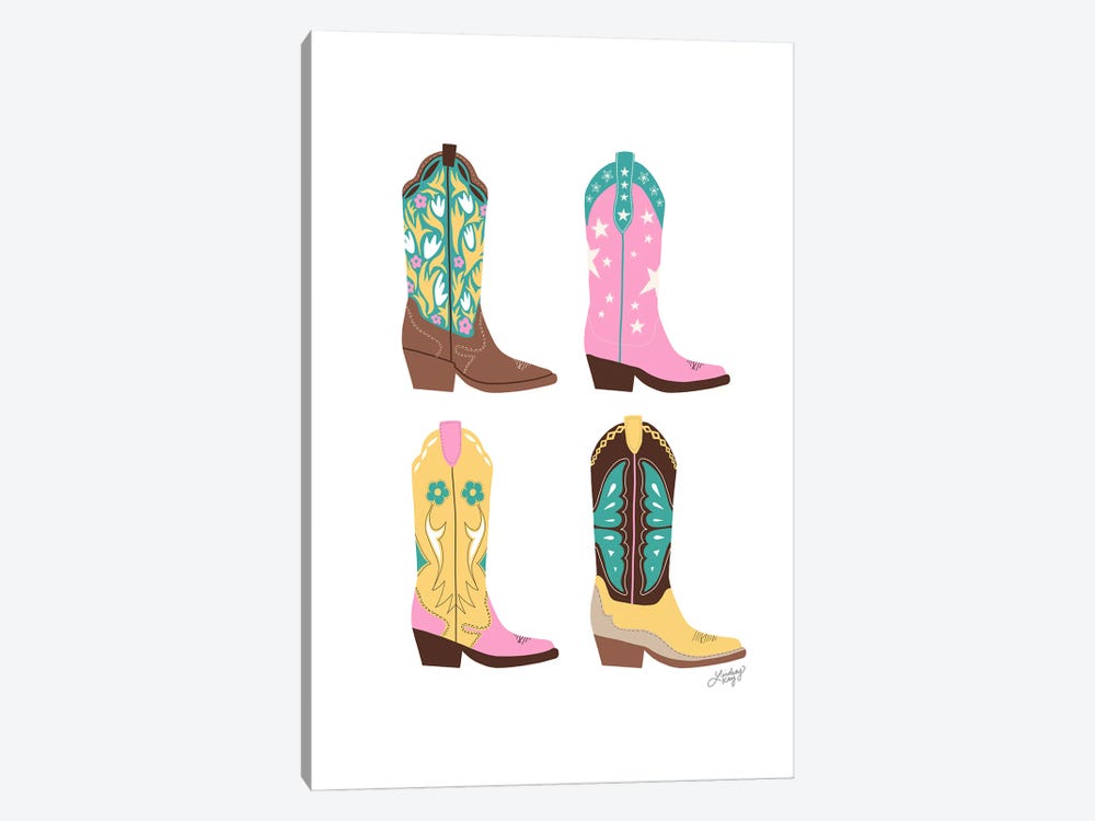 Four Cowboy Boots Illustration (Pink, Turquoise, Yellow Palette) by LindseyKayCo 1-piece Canvas Art Print