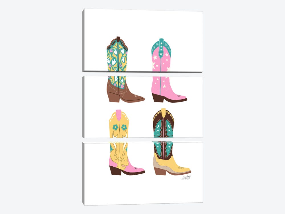 Four Cowboy Boots Illustration (Pink, Turquoise, Yellow Palette) by LindseyKayCo 3-piece Canvas Print
