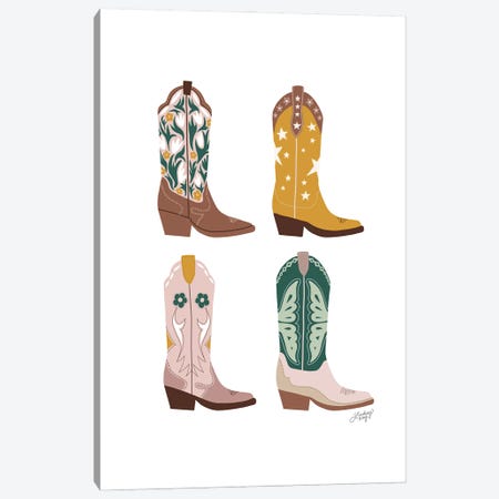 Four Cowboy Boots Illustration (Pink, Green, Yellow Palette) Canvas Print #LKC174} by LindseyKayCo Canvas Artwork
