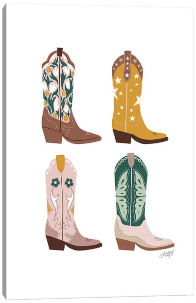 Four Cowboy Boots Illustration (Pink, Green, Yellow Palette) Canvas Art Print - Boots