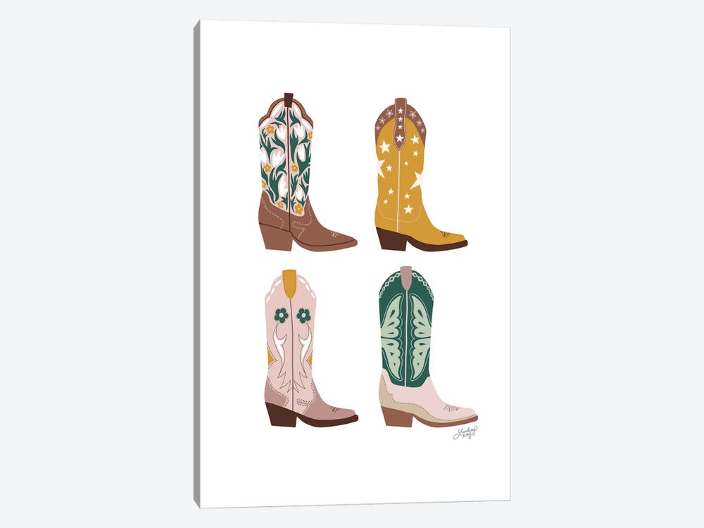 Four Cowboy Boots Illustration (Pink, Green, Yellow Palette) by LindseyKayCo 1-piece Canvas Wall Art