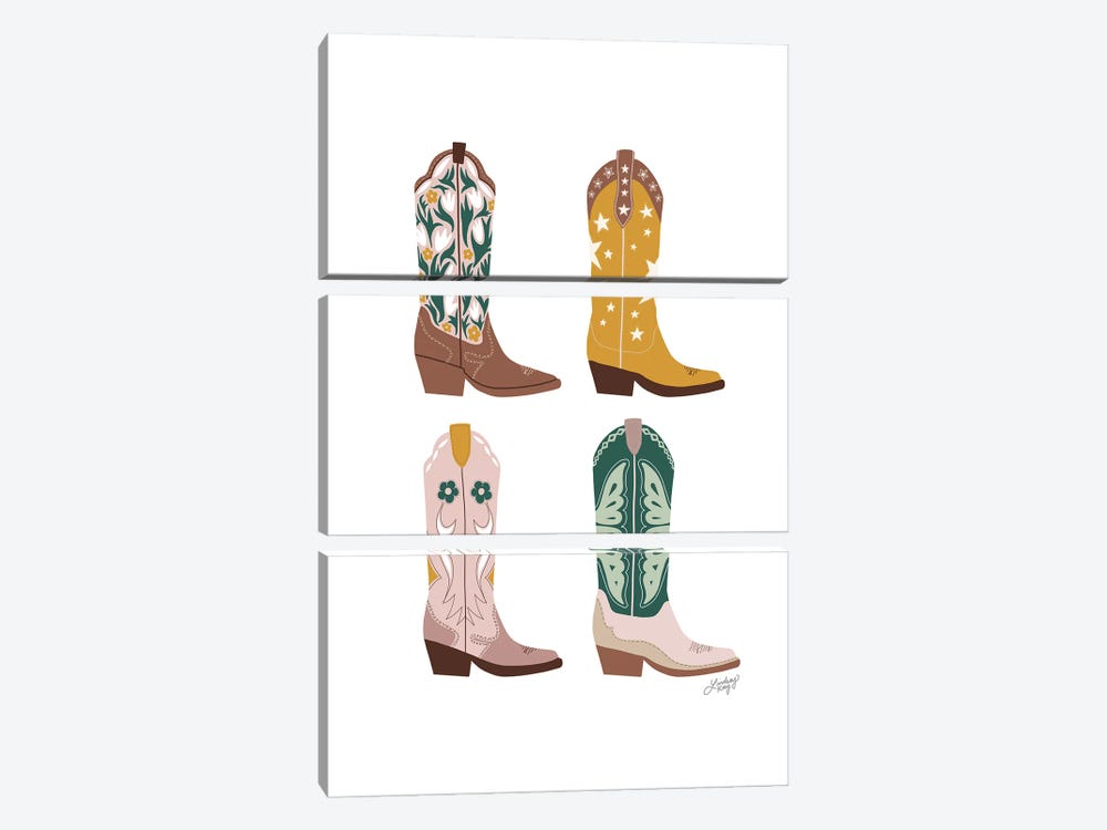Four Cowboy Boots Illustration (Pink, Green, Yellow Palette) by LindseyKayCo 3-piece Canvas Art