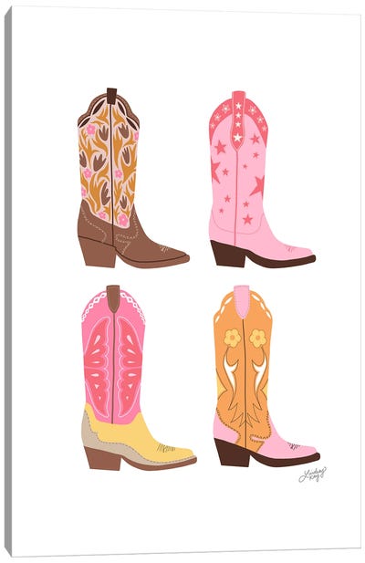 Four Cowboy Boots Illustration (Warm Palette) Canvas Art Print - Boots