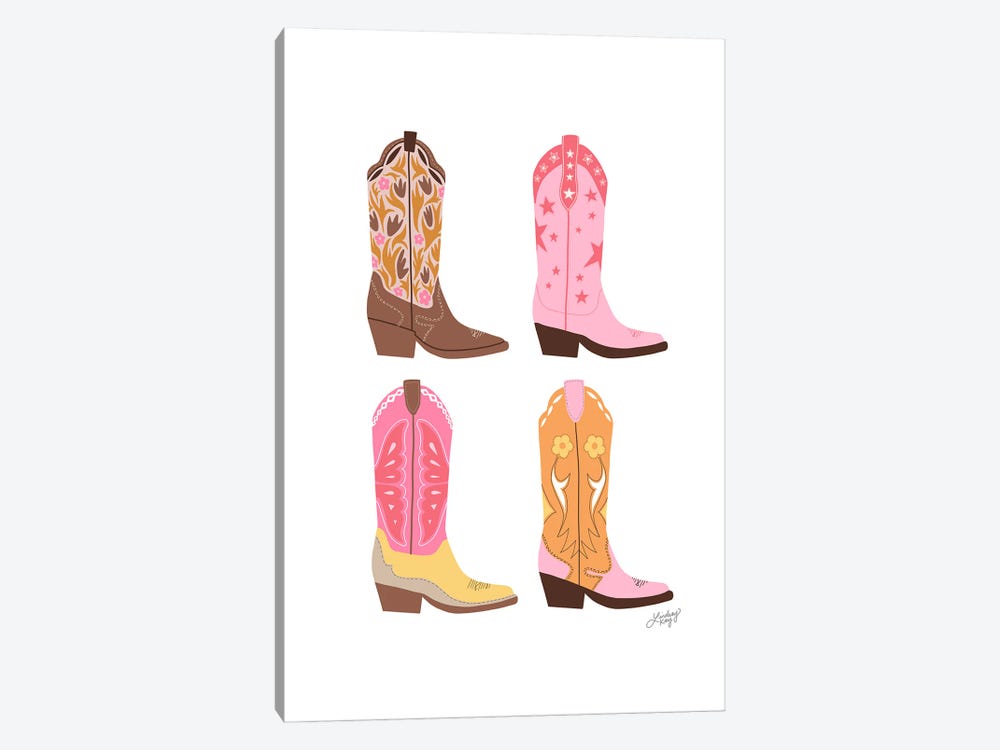 Four Cowboy Boots Illustration (Warm Palette) by LindseyKayCo 1-piece Canvas Wall Art