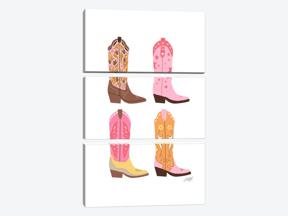 Four Cowboy Boots Illustration (Warm Palette) by LindseyKayCo 3-piece Canvas Art