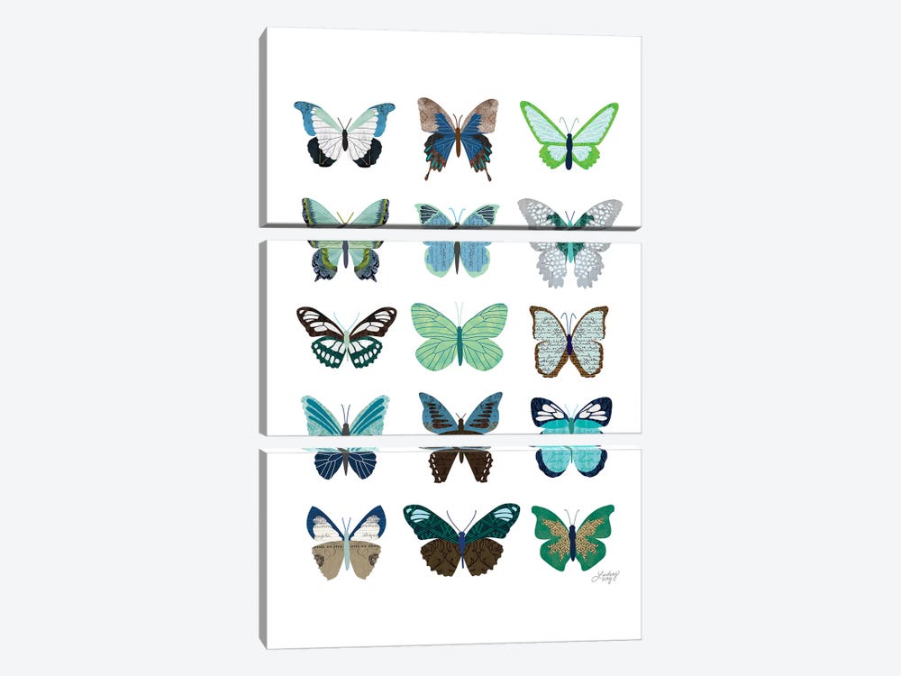 Green And Blue Butterflies Collage by LindseyKayCo 3-piece Canvas Print