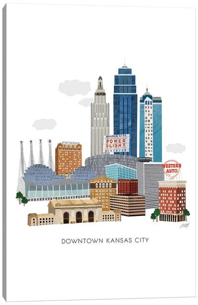 Kansas City Downtown Collage Illustration Canvas Art Print - Scenic & Nature Typography