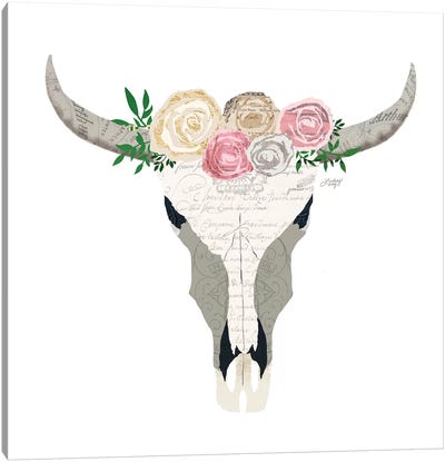 Pastel Floral Cow Skull Collage Canvas Art Print - Similar to Georgia O'Keeffe