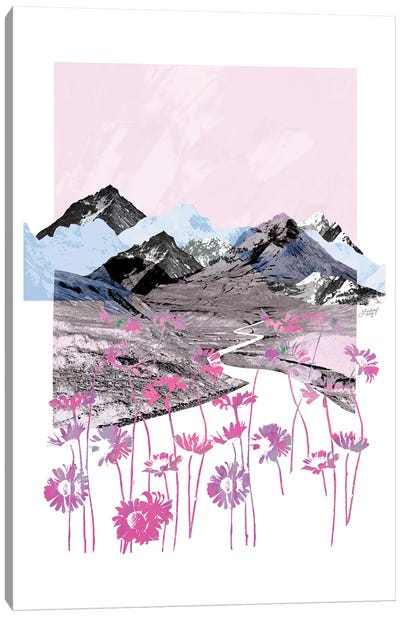 Pink Daisy Mountain Abstract Collage Canvas Art Print - Daisy Art
