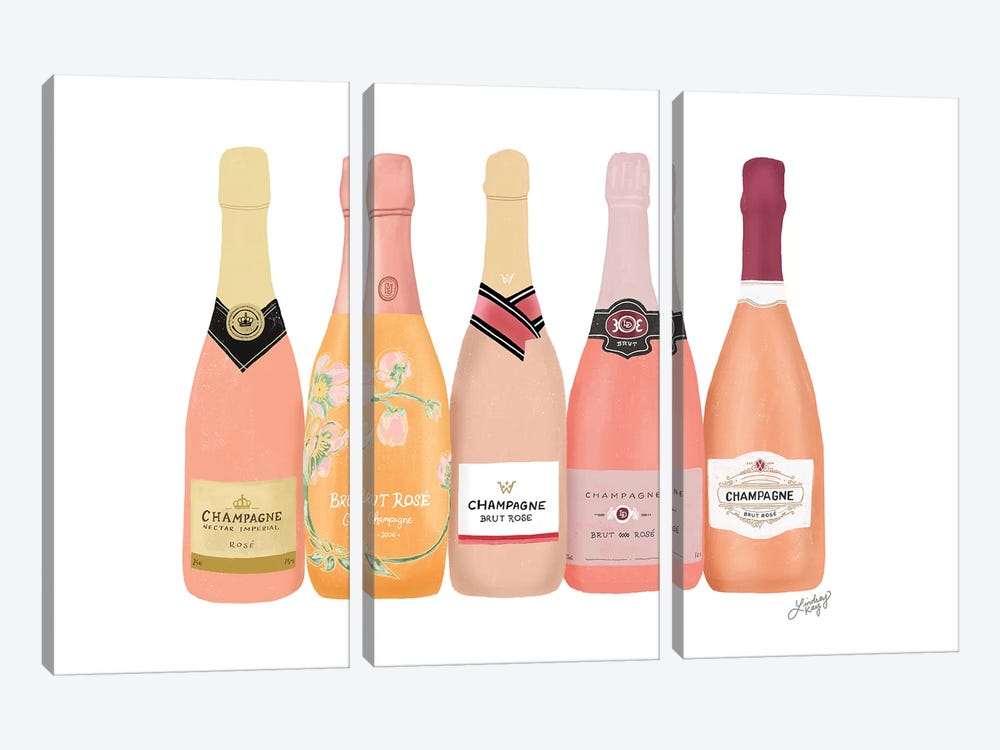 Rose Champagne Bottles by LindseyKayCo 3-piece Canvas Wall Art