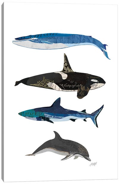 Sharks And Whales Collage Canvas Art Print - Shark Art
