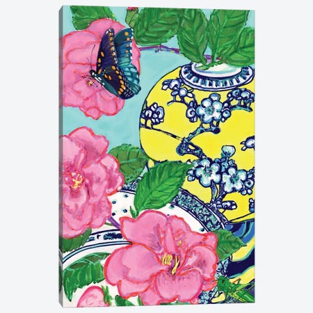 Camelias And Blue Butterfly Canvas Print #LKK12} by Lucy Klimenko Art Print