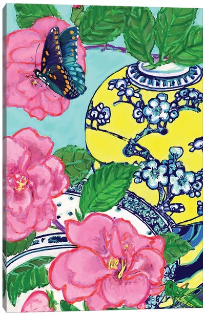 Camelias And Blue Butterfly Canvas Art Print - Grasshopper Art