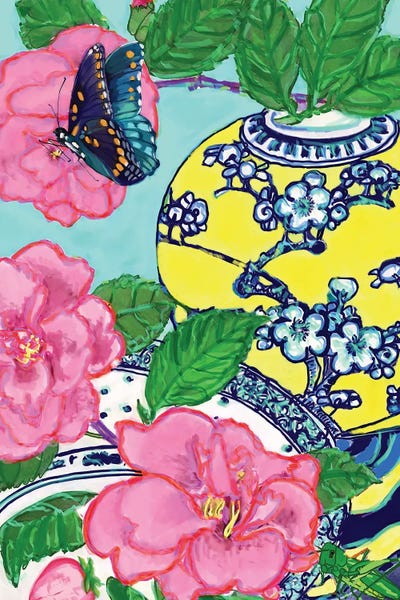 Lucy Klimenko: Camelias And Blue Butterfly by Lucy Klimenko