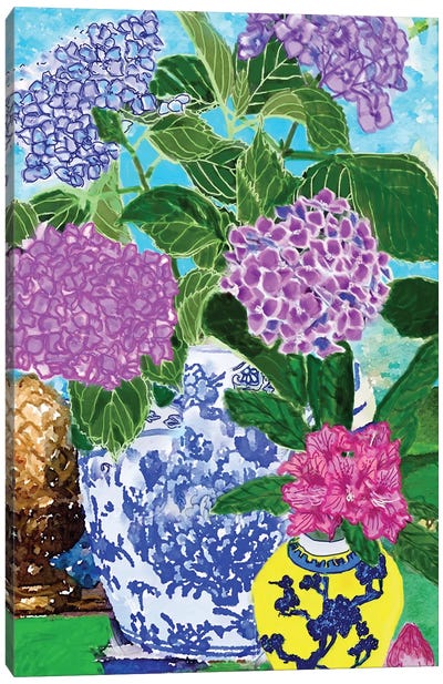 Hydrangeas In Chinoiserie Jars Canvas Art Print - Charming Blue