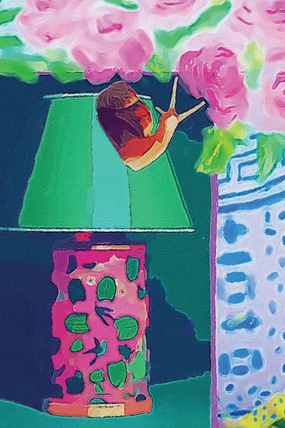 Lucy Klimenko: Snail On Pink And Green by Lucy Klimenko