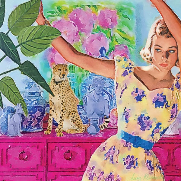 Lucy Klimenko: Yellow Dress With Lavender Flowers by Lucy Klimenko
