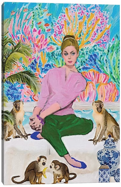 Blonde And Four Monkeys Canvas Art Print - Preppy Pop Art