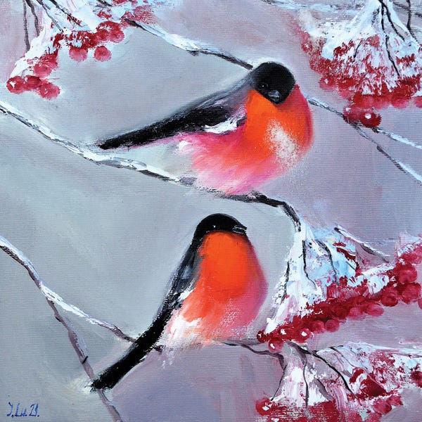Elena Lukina: Bullfinches In Winter by Elena Lukina