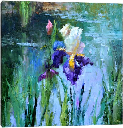 Iris By The Pond Canvas Art Print - Garden & Floral Landscape Art