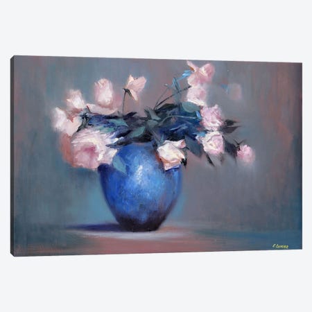 Roses In A Blue Vase Canvas Print #LKL35} by Elena Lukina Canvas Print