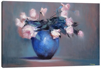 Roses In A Blue Vase Canvas Art Print - Elena Lukina