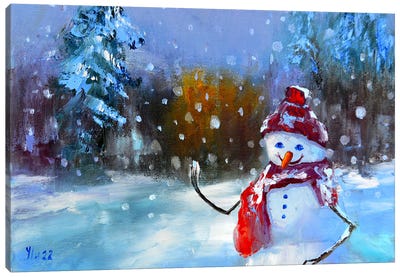Snowman In A Fairy Forest Canvas Art Print - Snowman Art