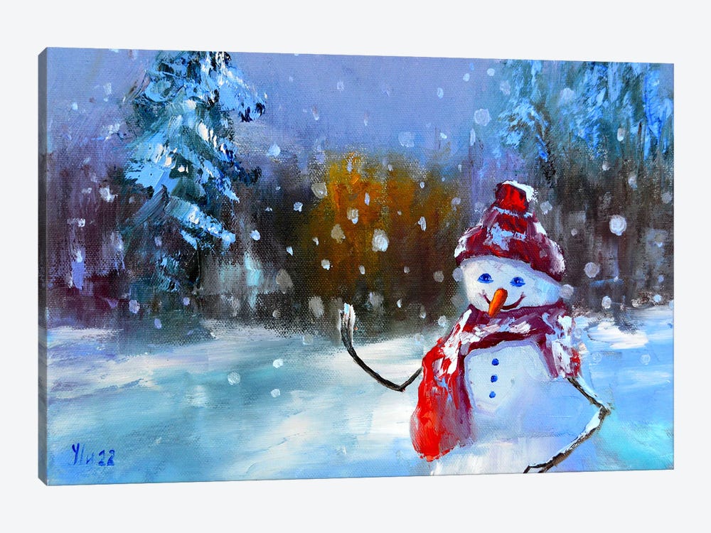Snowman In A Fairy Forest by Elena Lukina 1-piece Canvas Wall Art