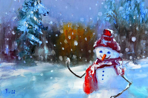 Pine Trees: Snowman In A Fairy Forest by Elena Lukina