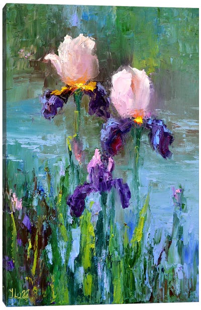 Three Irises By The Pond Canvas Art Print - Iris Art