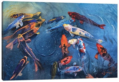 Koi Frenzy Canvas Art Print - Intricate Watercolors