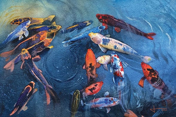 Intricate Watercolors: Koi Frenzy by Liam Kumawat