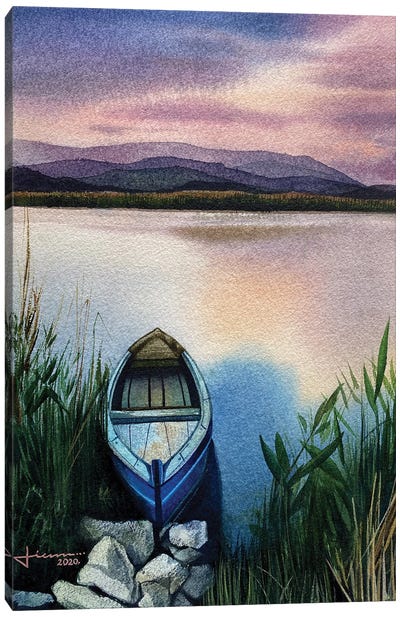 Blue Haze Boat Canvas Art Print - Grass Art