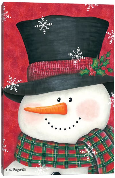 Holly & Red Plaid Snowman Canvas Art Print - Snowman Art